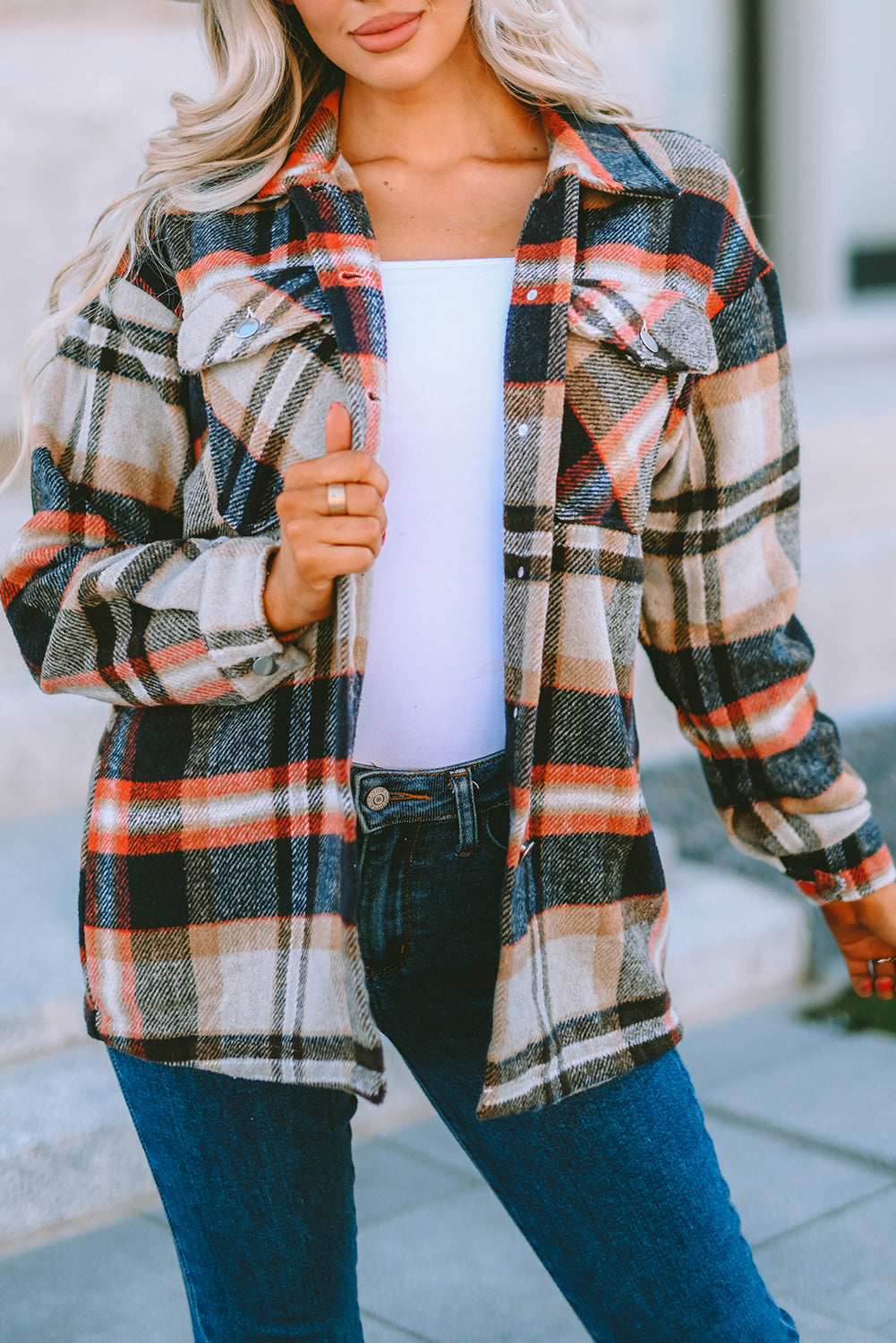 Pink Geometric Plaid Print Pocketed Shacket