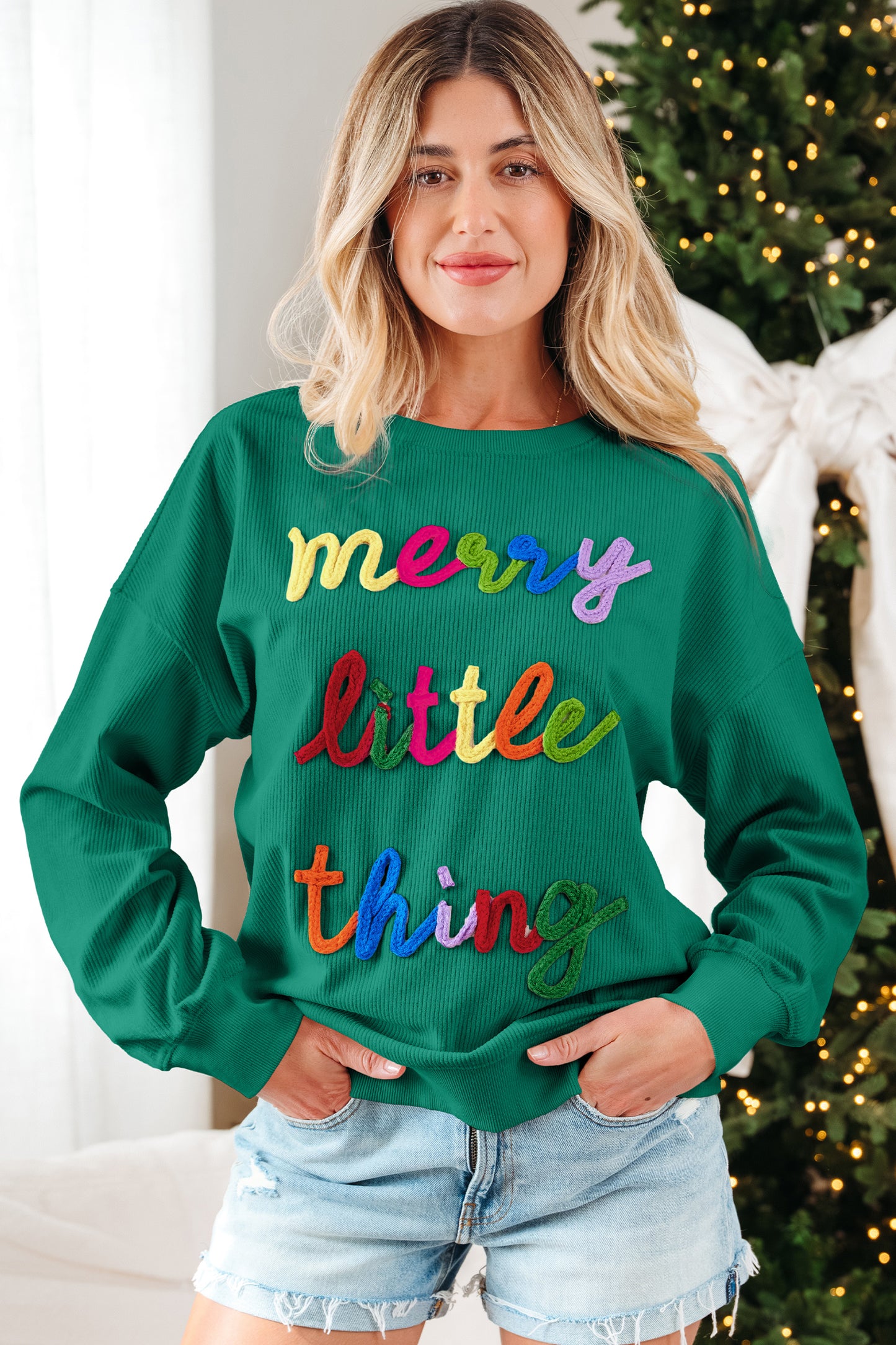 Beige merry little thing Corded Letter Graphic Ribbed Loose Sweatshirt