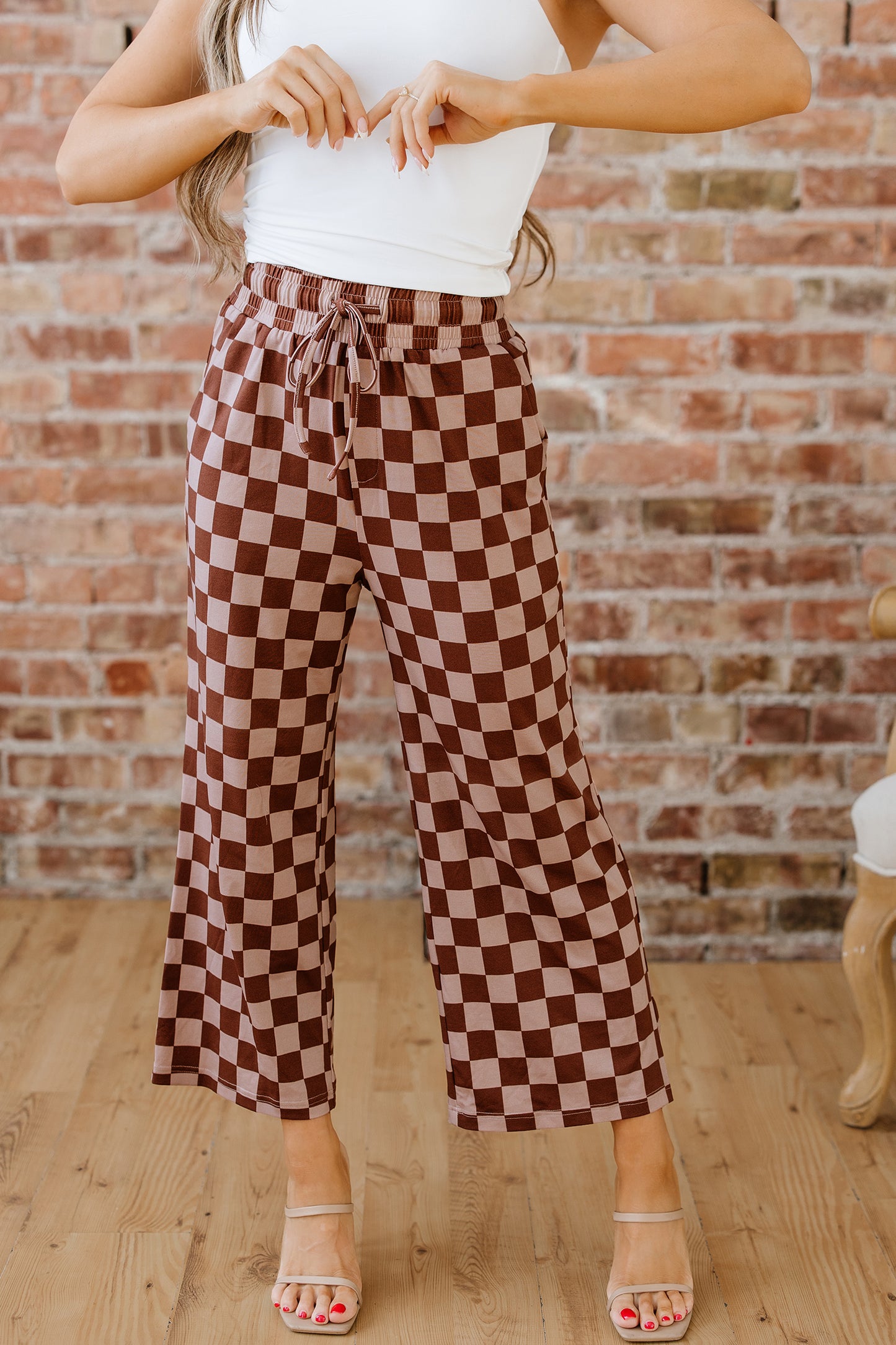 Sky Blue Checkered Elastic High Waist Loose Casual Pants