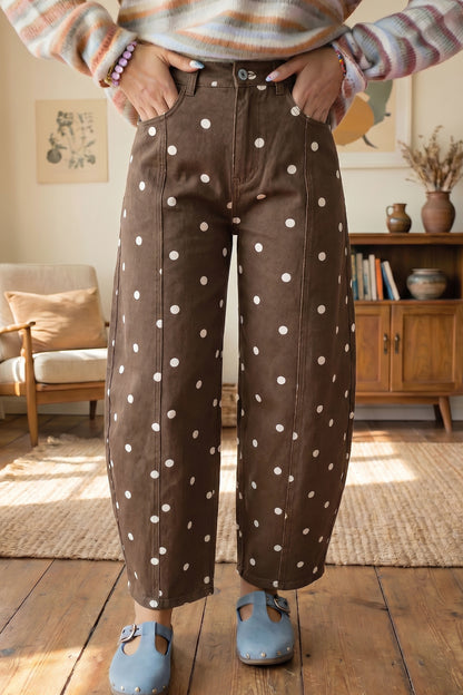 Brown Tailored Seam Polka Dot Print Barrel Casual Jeans