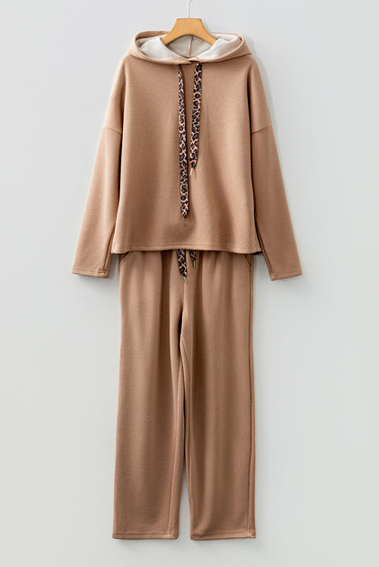 Parchment Leopard Drawstring Pullover Hoodie and High Waist Pants Corduroy Suit