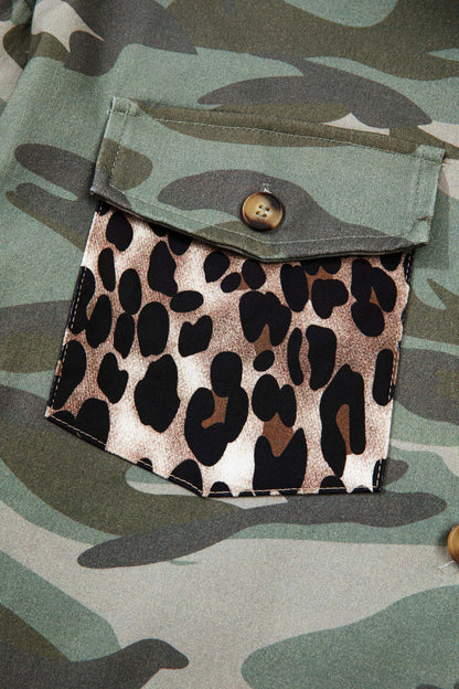 Green Camo Leopard Patchwork Flap Pocket Crop Jacket