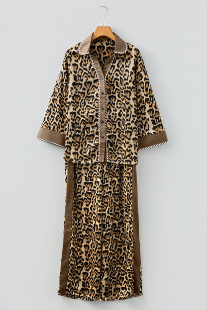 Brown Leopard Collared 3/4 Sleeve Shirt and Loose Pants Two Piece Outfit Set