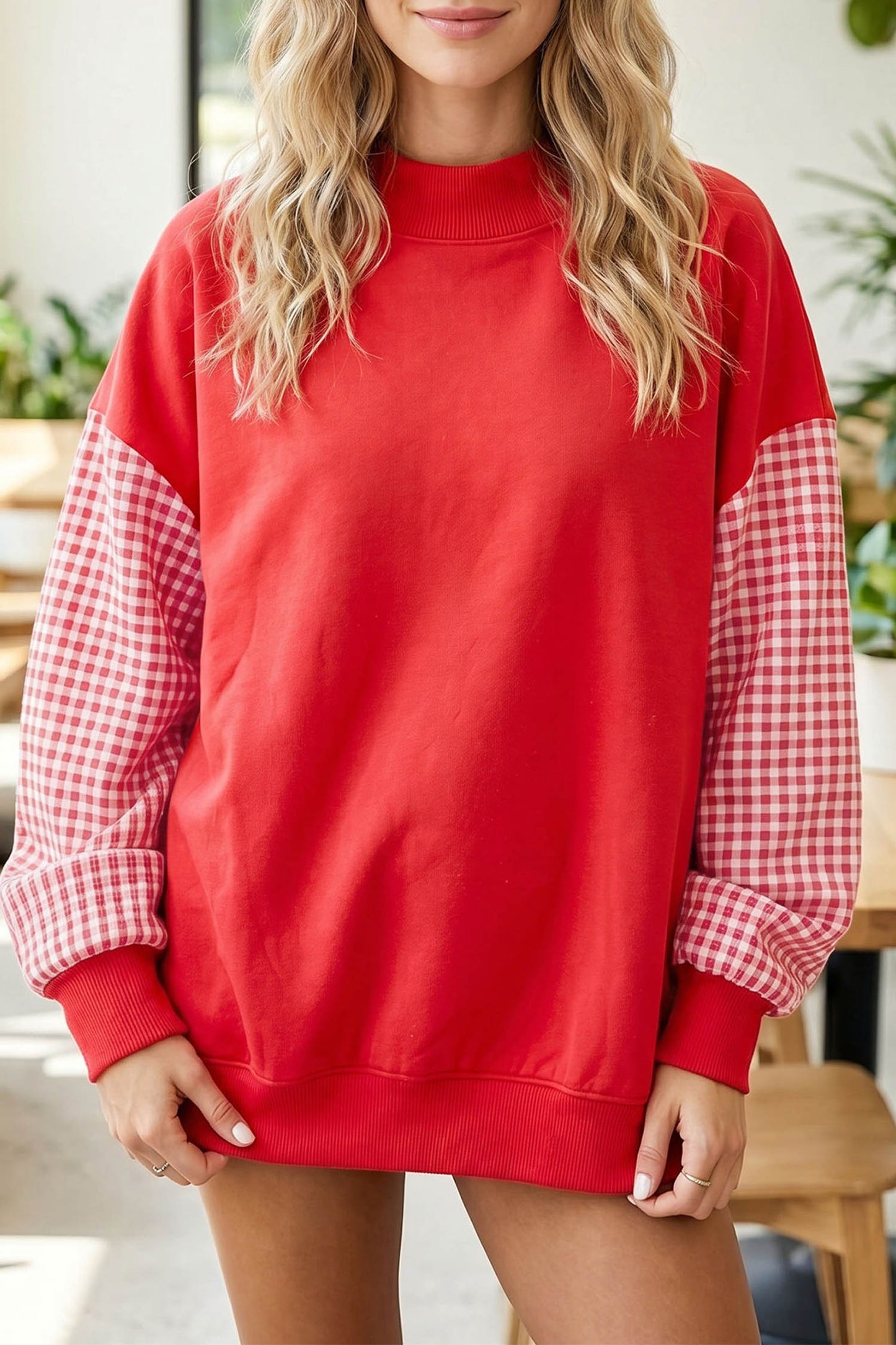 Pink Plaid Sleeve Colorblock Loose Tunic Sweatshirt