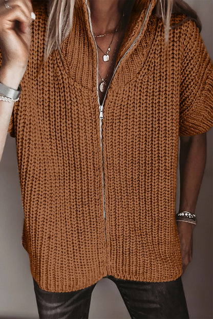 Jet Stream Solid Color Short Sleeve Zipper Knit High Neck Sweater