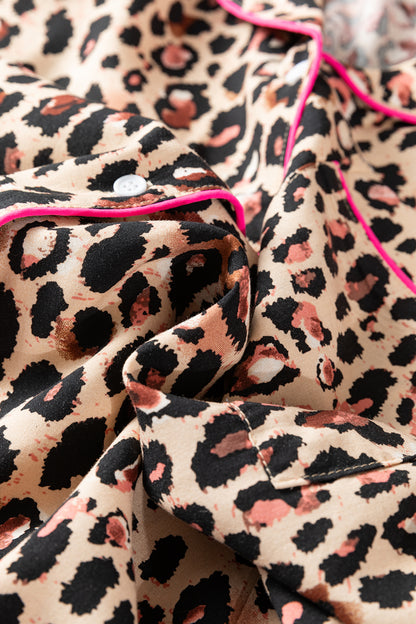 Light French Beige Leopard Print Contrast Trim Long Sleeve Shirt Drawstring Ruffle Hem Short Set