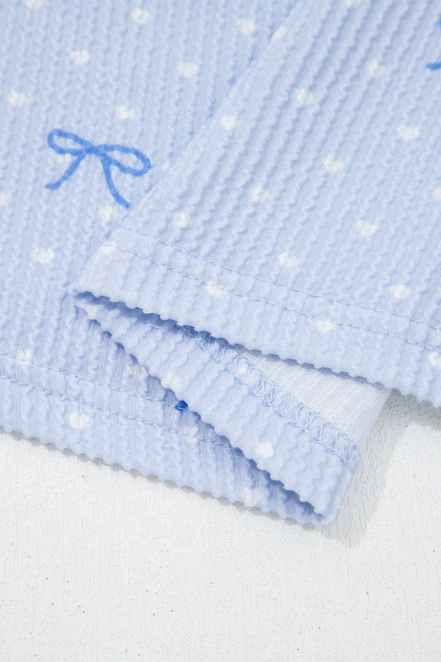 Sky Blue Valentines Bow Print Twisted Rib Loose Long Sleeve Top 2pcs Short Set