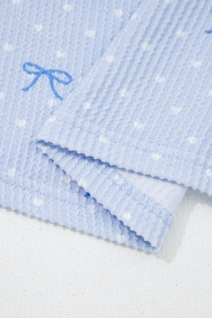 Sky Blue Valentines Bow Print Twisted Rib Loose Long Sleeve Top 2pcs Short Set