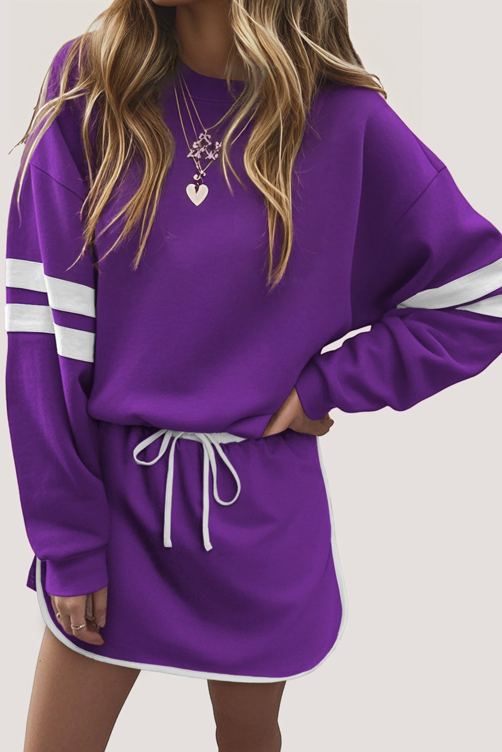 Evergreen Varsity Stripe Detail Drop Shoulder Pullover Mini Skirt Set