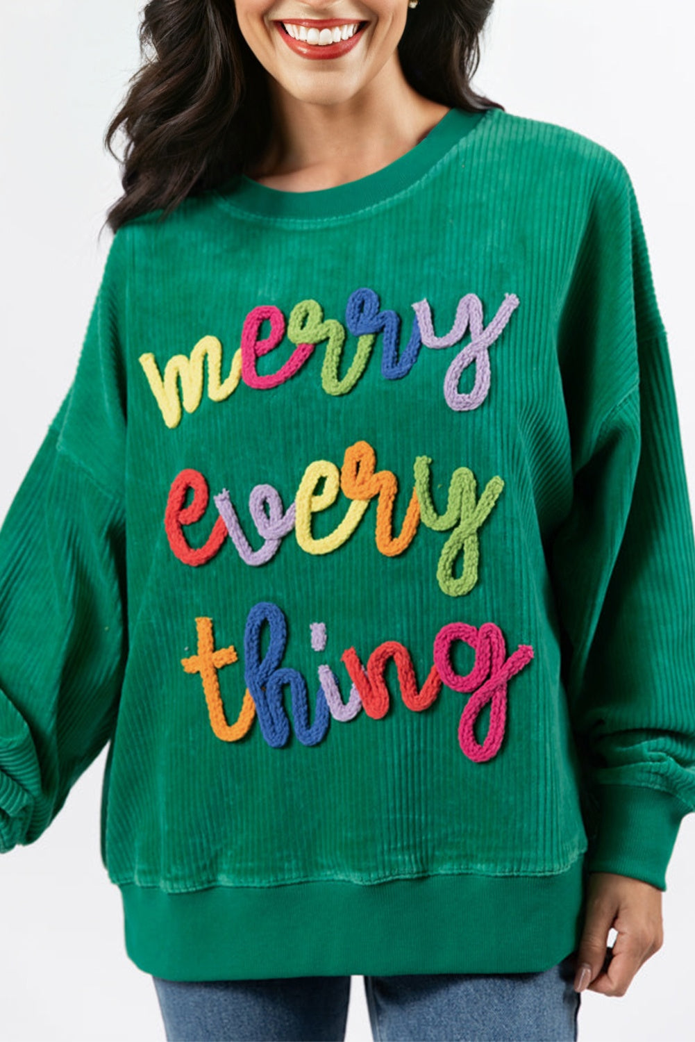 Beige merry little thing Corded Letter Graphic Ribbed Loose Sweatshirt