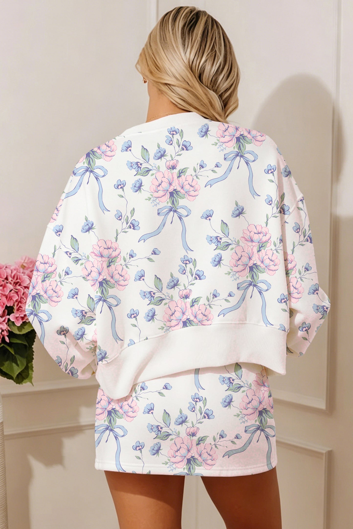 White Floral Print Long Sleeve Top Elastic Waist Skort Two Piece Dresses