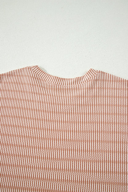 Rose Stripe Raised Rib Loose Tee Drawstring Elastic Waist 2pcs Short Set