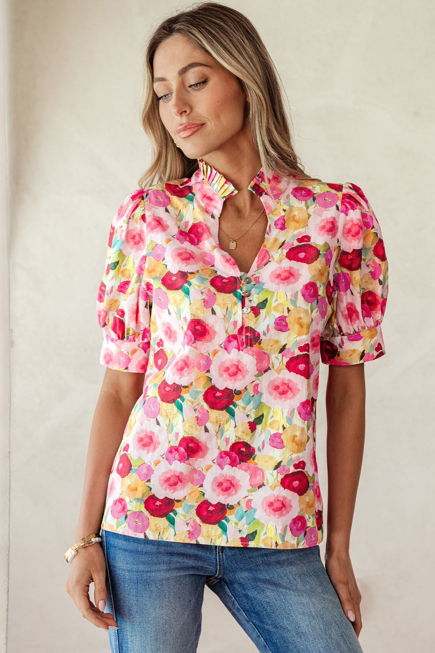 Pink Floral Frilled V Neck Puff Short Sleeve Blouse