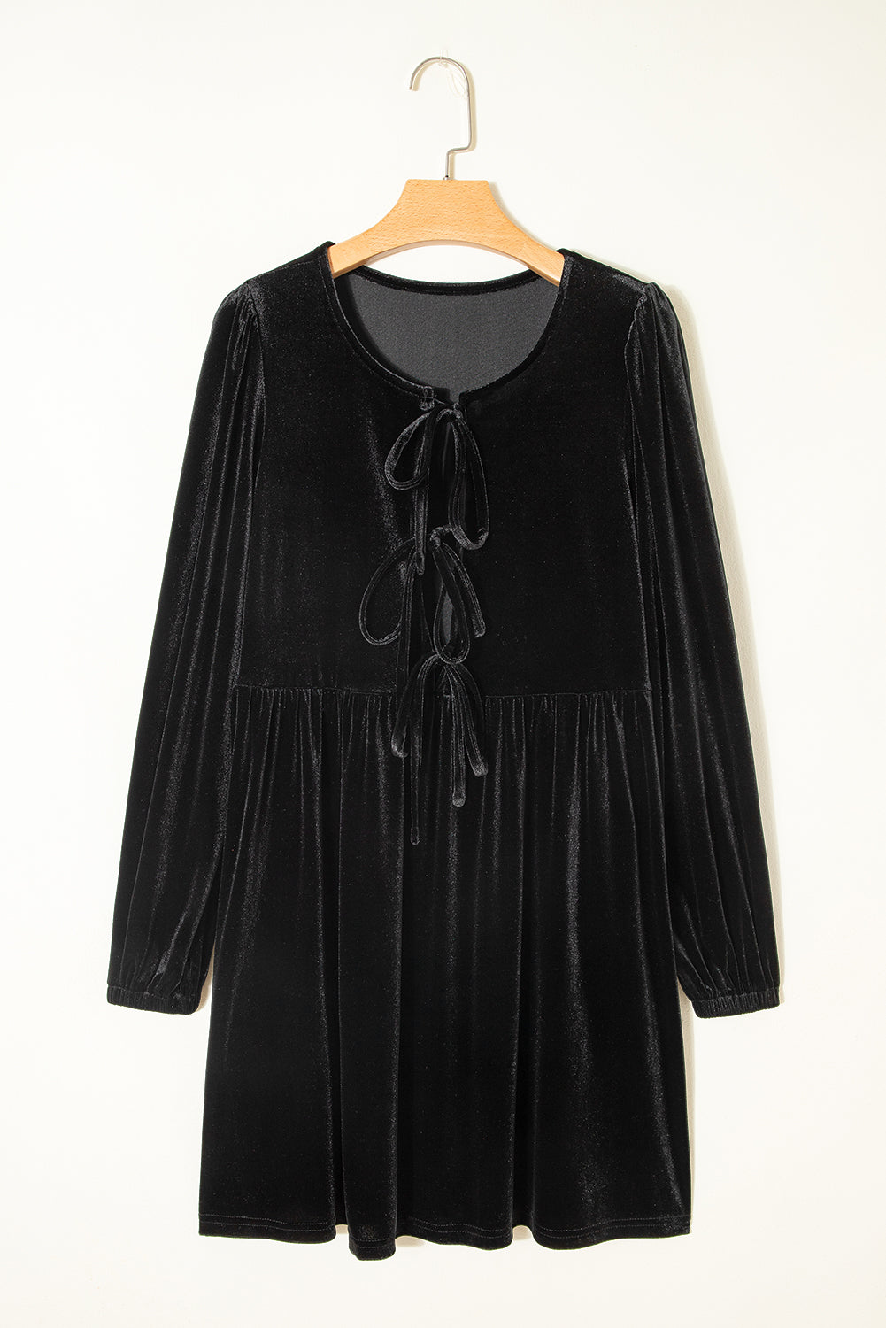 Black Front Tie Velvet Bubble Sleeve Mini Dress