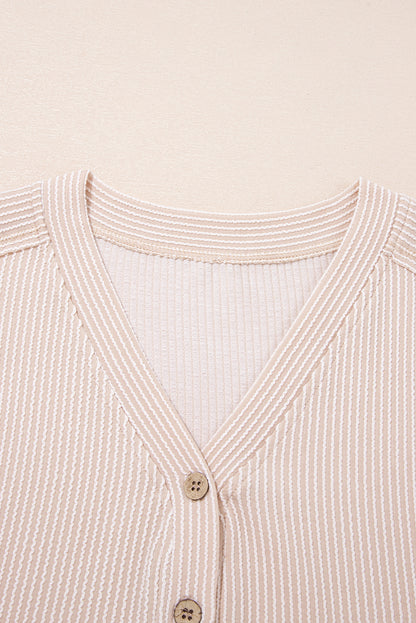 Bright Pink Spiral Ribbed Short Sleeve V Neck Buttoned Romper with Pocket