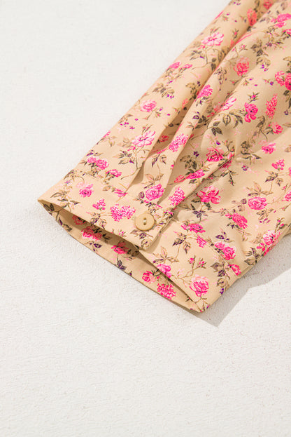 Light French Beige Floral Print Bow Pintuck Bust Half Puff Sleeve Blouse Top