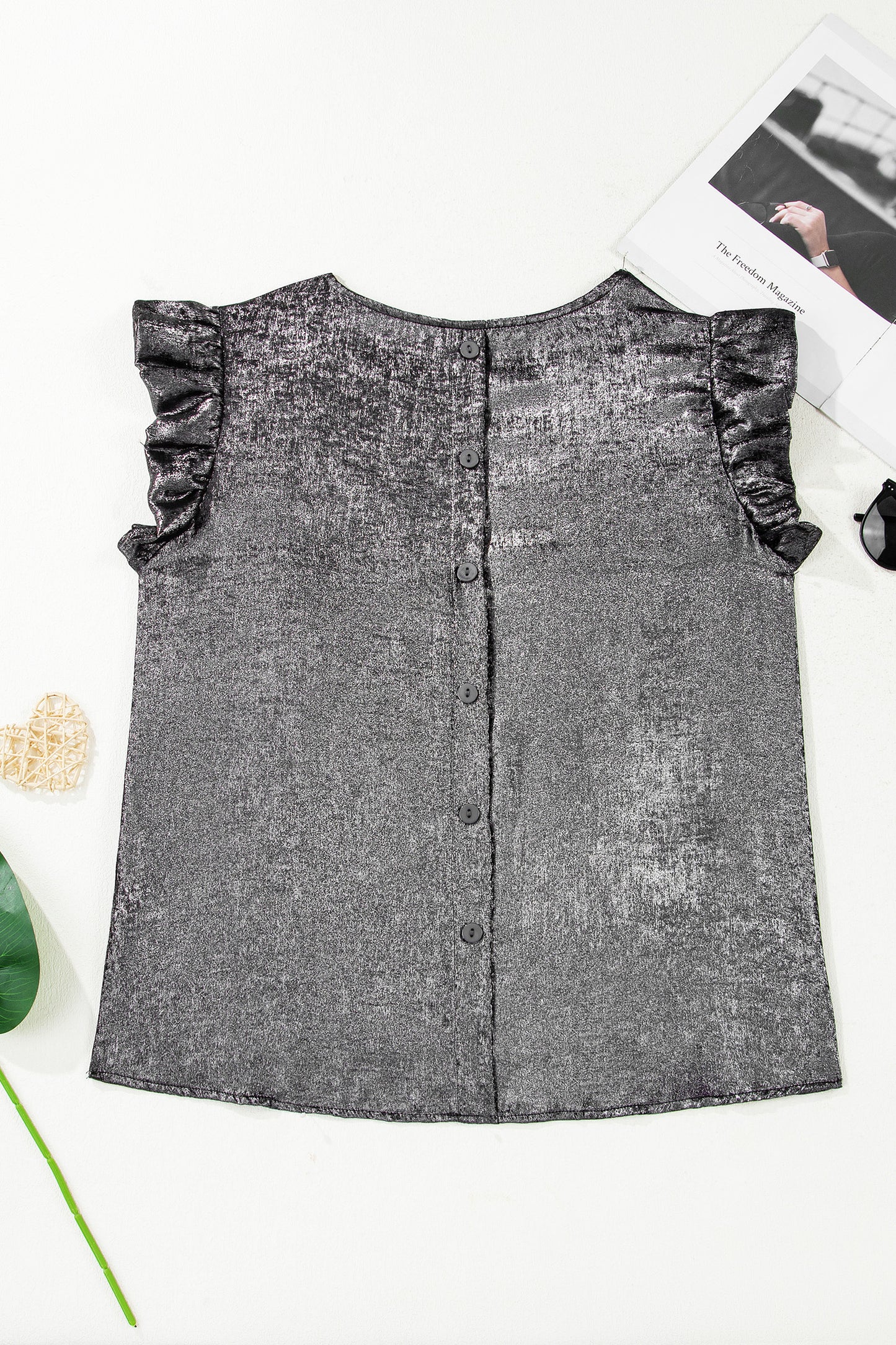 Silvery Metallic Round Neck Ruffle Trim Sleeveless Top