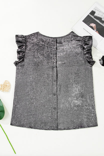 Silvery Metallic Round Neck Ruffle Trim Sleeveless Top