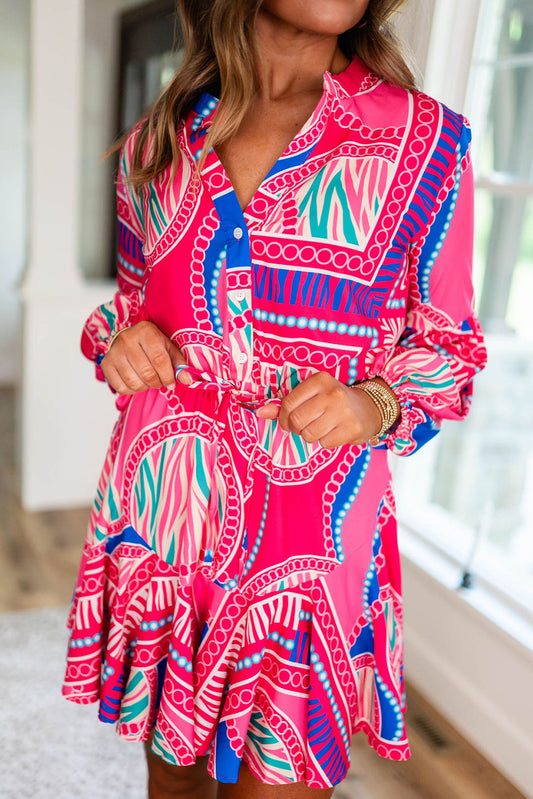 Rose Boho Abstract Printed Puff Sleeve Drawstring Waist Ruffled Mini Dress