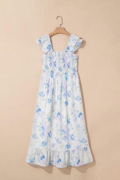 Sky Blue Floral Smocked High Waist Double Ruffle Sleeveless Long Dress
