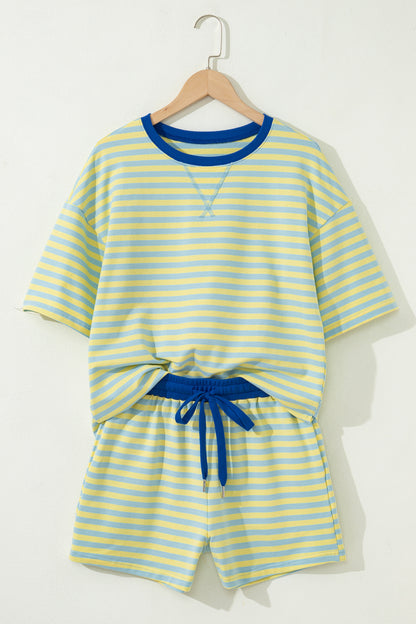 Yellow Stripe Drop Shoulder Boxy Casual Terry Short Set