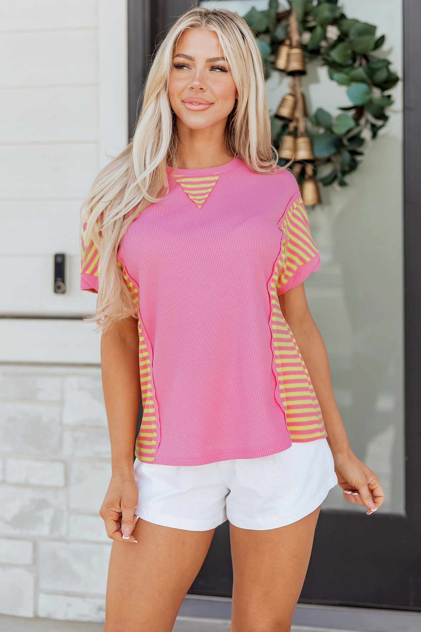 Bright Pink Waffle Textured Contrast Striped Patchwork Loose T Shirt