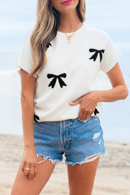 Black Bow Pattern Knit Short Sleeve Sweater