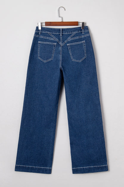Sail Blue Stitched Waist Detail Loose Cuffed Jeans