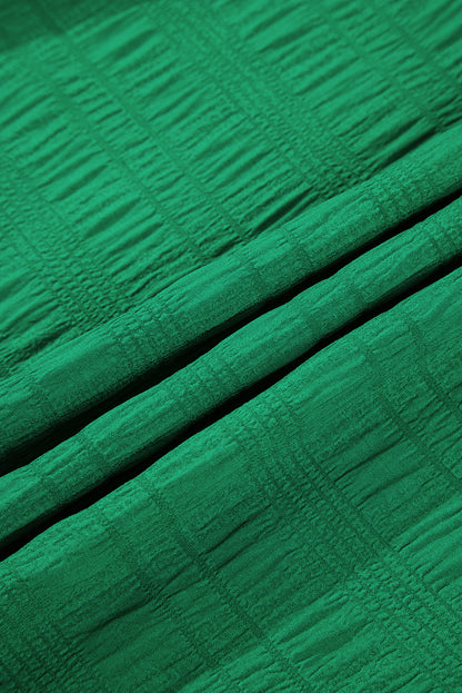 Dark Green Solid Textured Smocked Puff Short Sleeve High Waist Long Dress