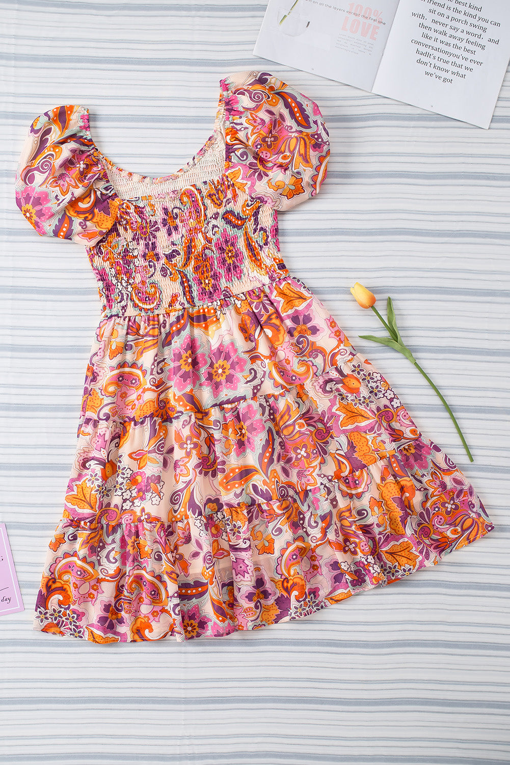 Multicolor Boho Print Smocked Ruffled Puff Sleeve Mini Dress