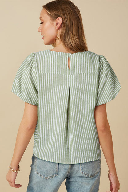 Green Stripe Textured Round Neck Short Puff Sleeve Blouse