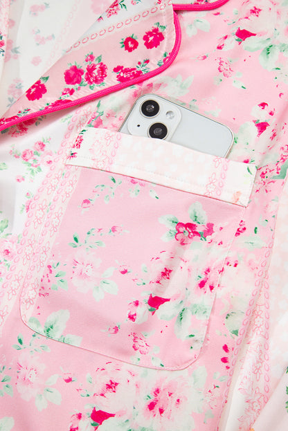 Pink Mixed Floral Print Contrast Piping Trim Satin Tie 2pcs Pajama Set