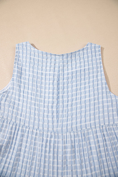 Light Blue Plaid Tiered A-line Sleeveless Mini Sundress