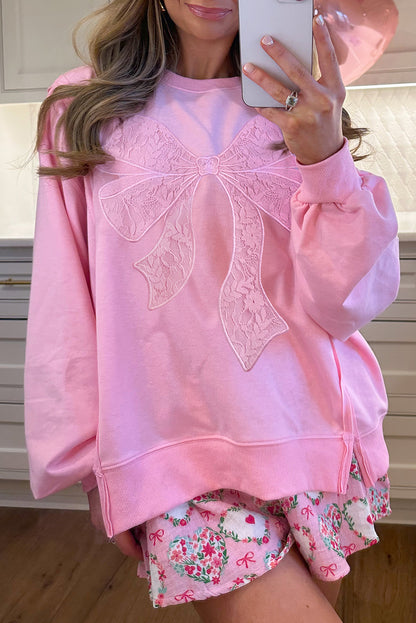 Bonbon Lace Insert Bow Embroidered Exposed Seam Sweatshirt