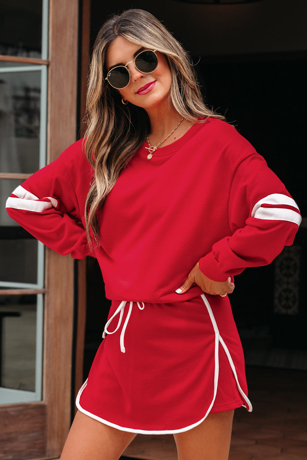 Evergreen Varsity Stripe Detail Drop Shoulder Pullover Mini Skirt Set