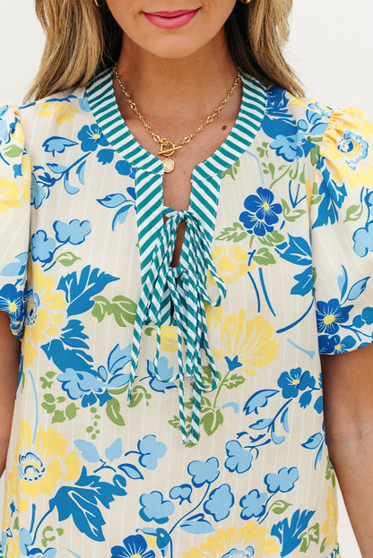 Blue Floral Striped Trim Puff Short Sleeve Dress