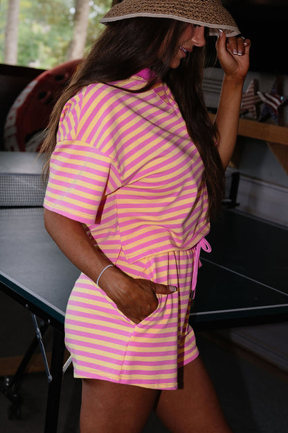 Yellow Stripe Drop Shoulder Boxy Casual Terry Short Set