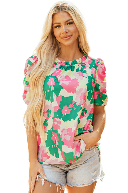 Green Abstract Print Frilly Neck Ruched Short Sleeve Blouse