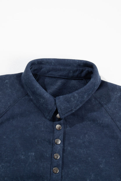 Blue Washed Snap Buttons Lantern Sleeve Pullover Sweatshirt