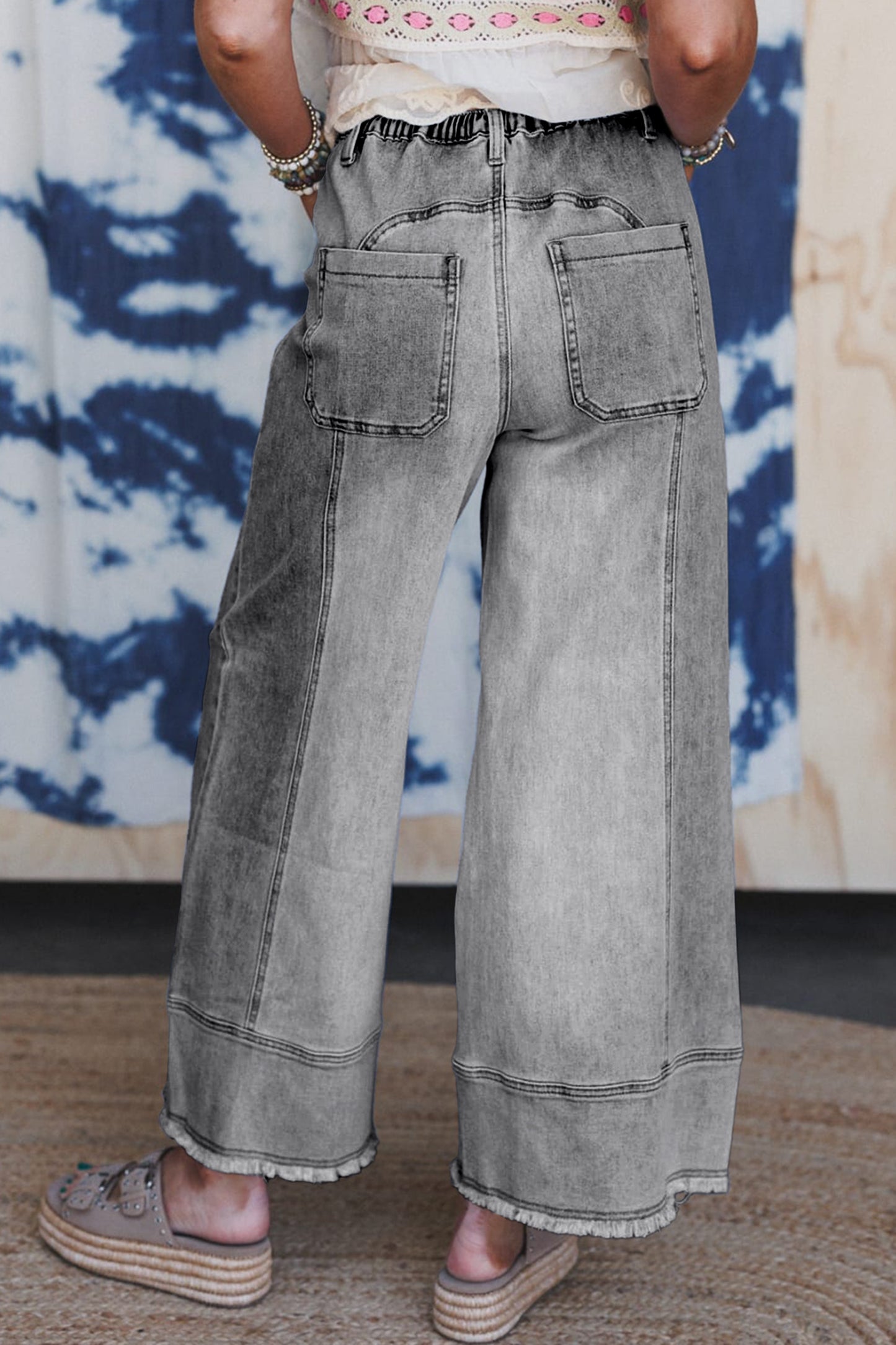 Gray Drawstring Seam Detail Raw Hem Wide Leg Denim Pants
