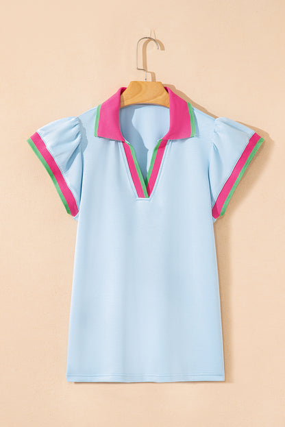 Beau Blue Color Contrast Ruffled Sleeve Collared V Neck Blouse