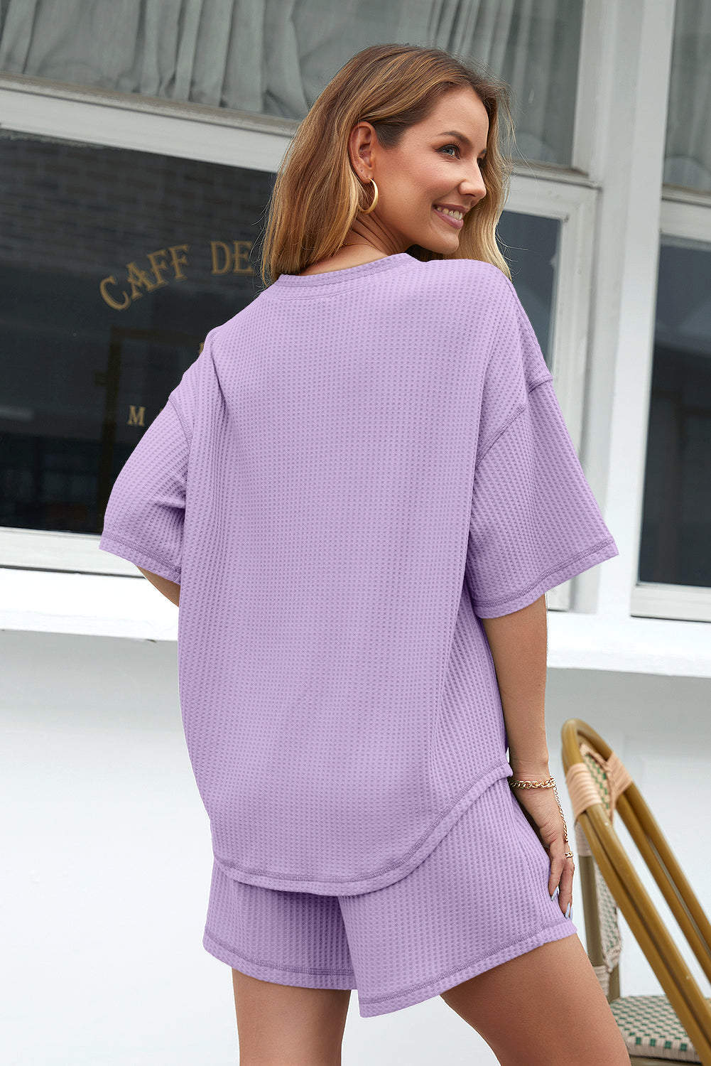 Orchid Petal Solid Color Waffled V Neck Loose Tee Drawstring Shorts Set