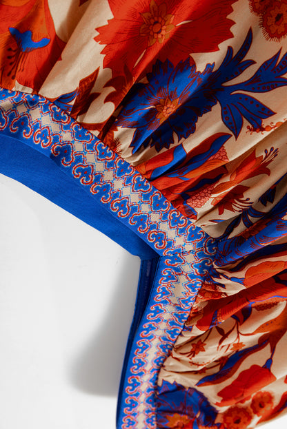 Multicolour Floral Print Square Neck Backless Loose Fit Blouse