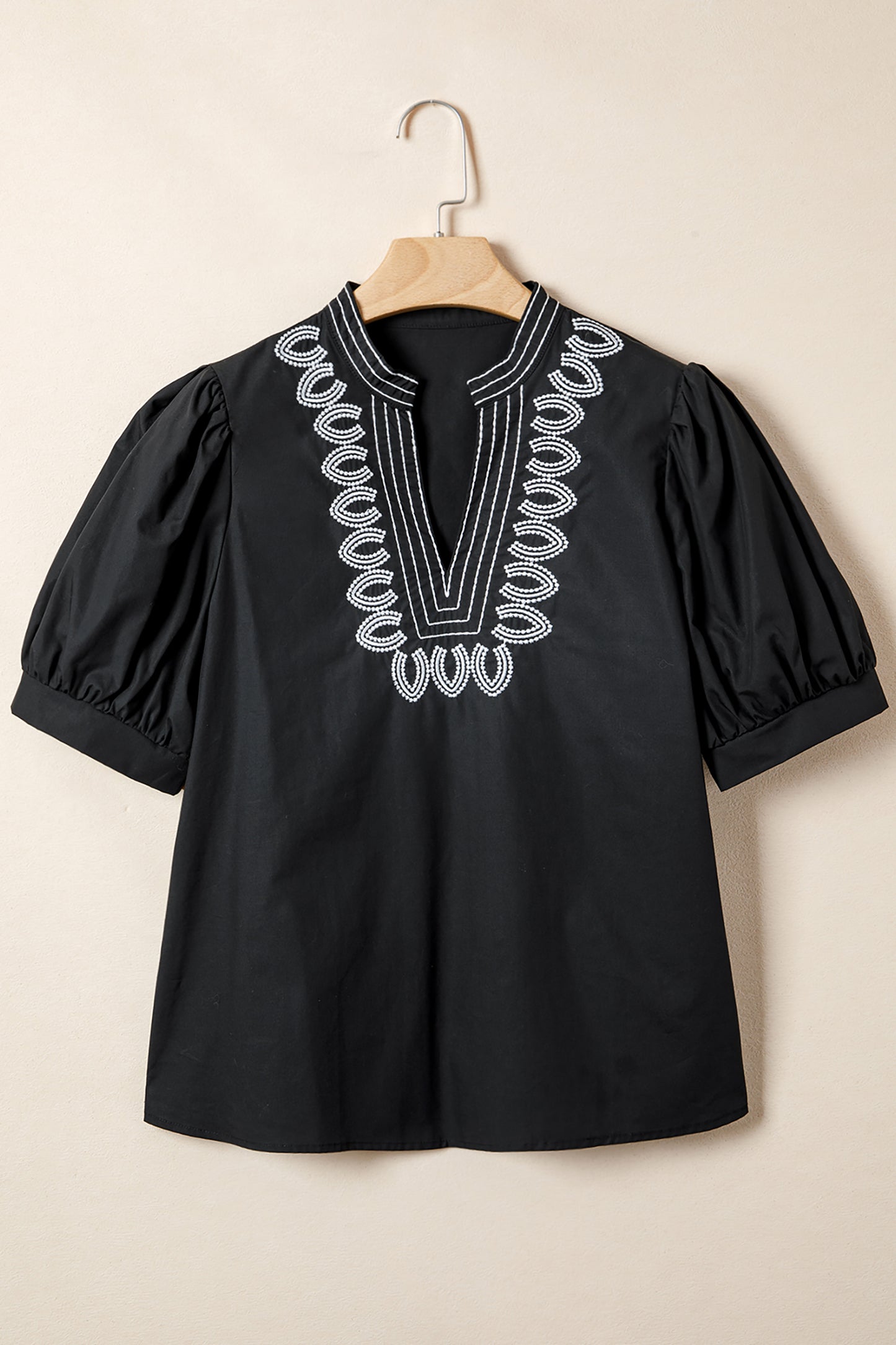 Black Short Puff Sleeve Contrast Embroidered Detail V Neck Blouse