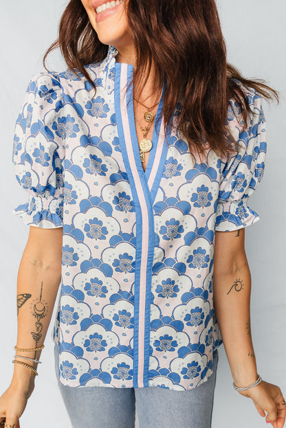 Sky Blue Floral Print Flounced Short Sleeve Contrast Trim V Neck Blouse