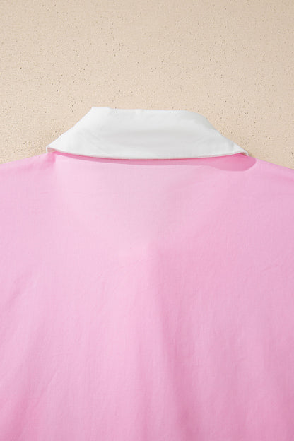 Pink Hollow-out Floral Contrast Patchwork Short Sleeve Button Up Shirt