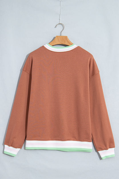 Light Pink Contrast Striped Trim Baggy Pullover Sweatshirt