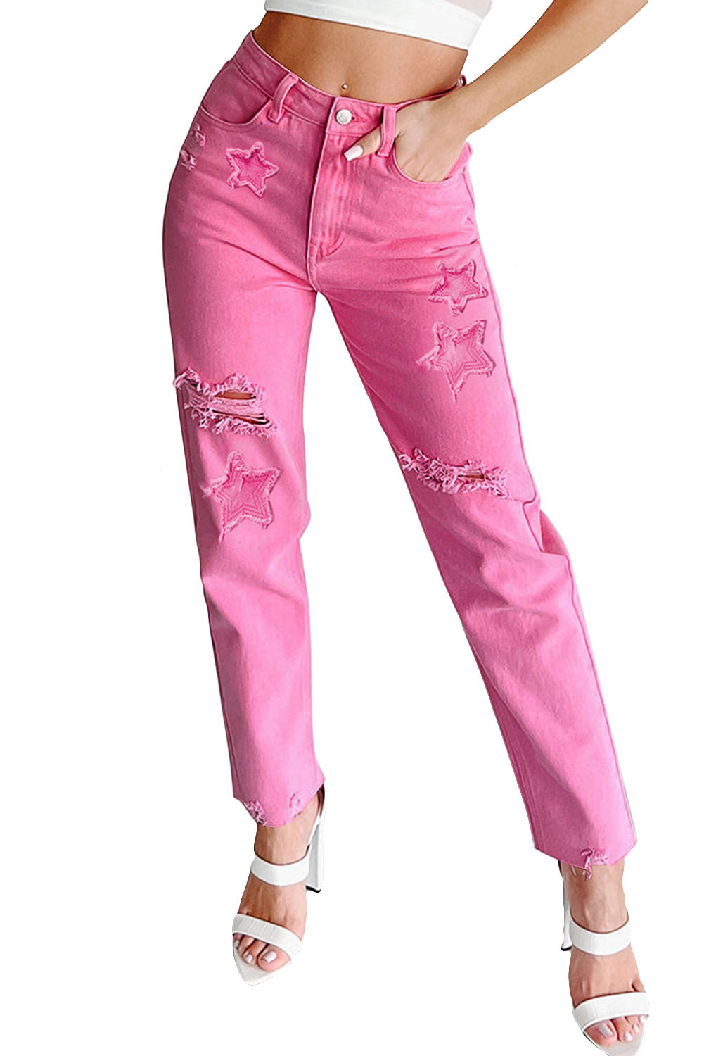 Pink Star Shape Patchwork Mid Waist Straight Leg Jeans