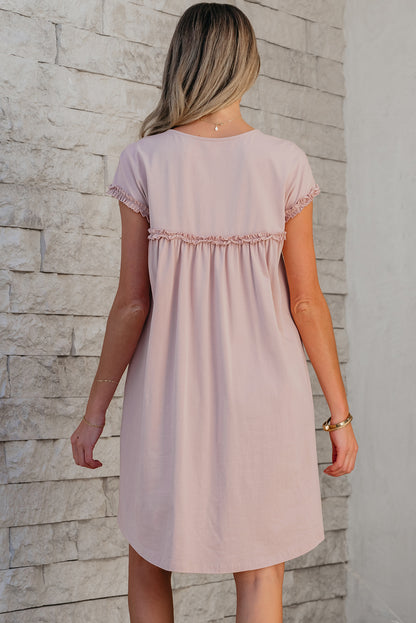 Pink Frilled Trim Crew Neck Loose Fit Mini Dress