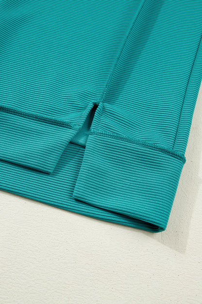 Sea Green Horizontal Ribbed Exposed Seam Detail Drop Shoulder Baggy Pullover